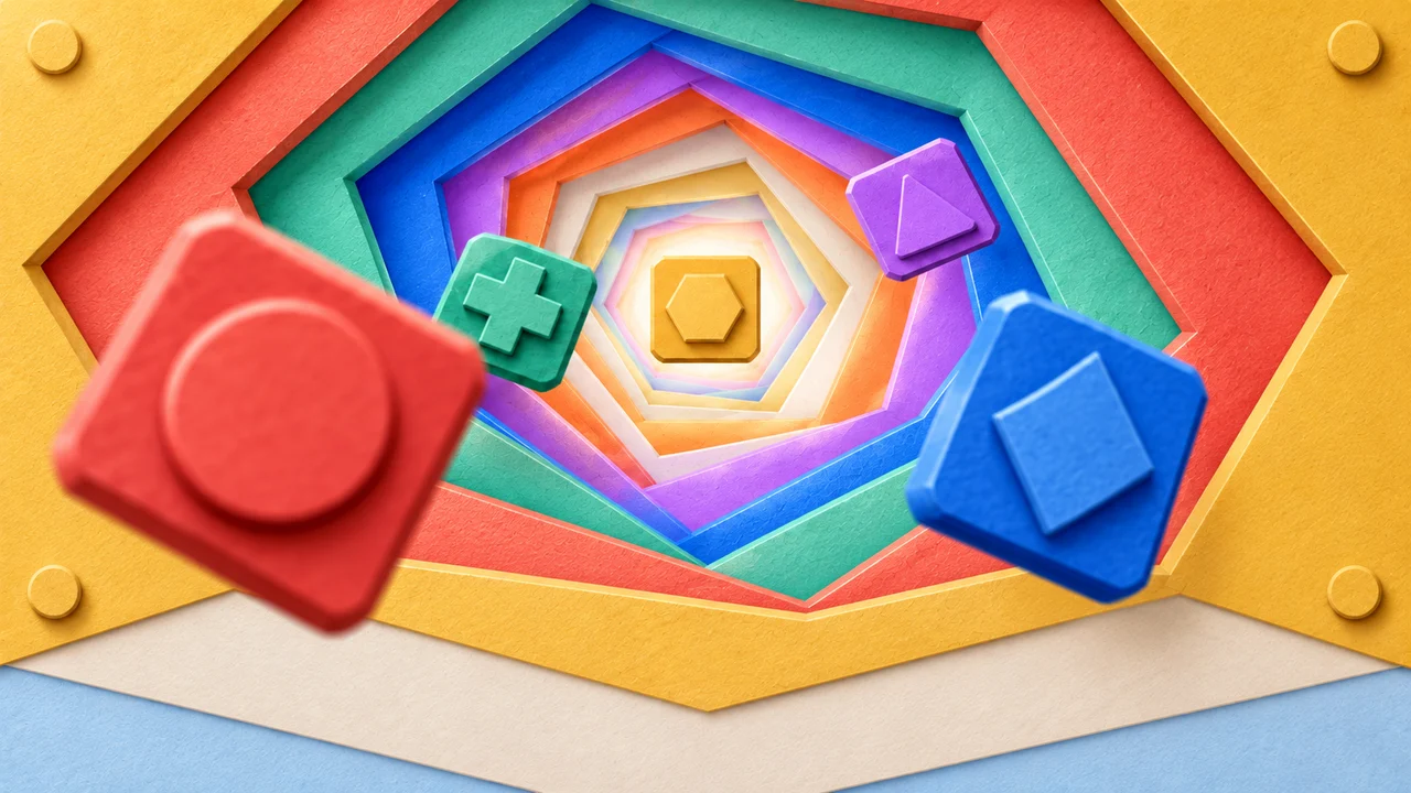 Block Foundry cover art: red, green, purple, yellow and blue paper blocks in a layered paper tunnel