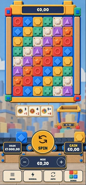 Block Foundry on a phone in portrait: the board on top, the bonus ladder sign and the hopper below, the spin button at the bottom
