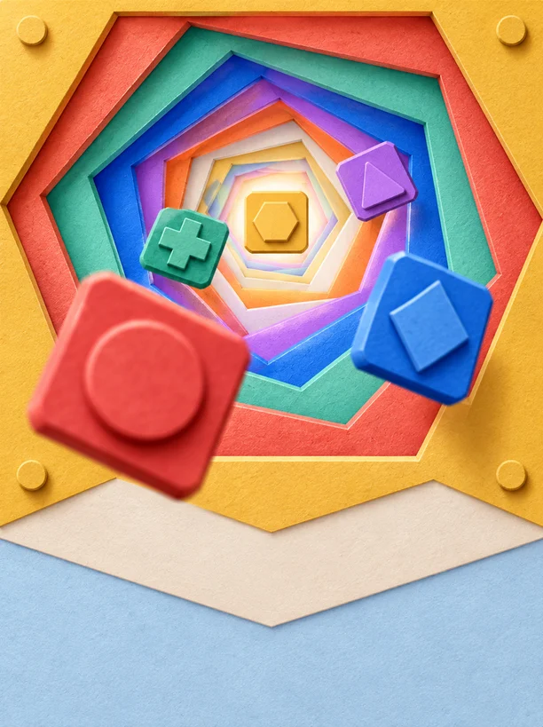 Block Foundry key art: paper blocks flying out of a hexagonal paper tunnel