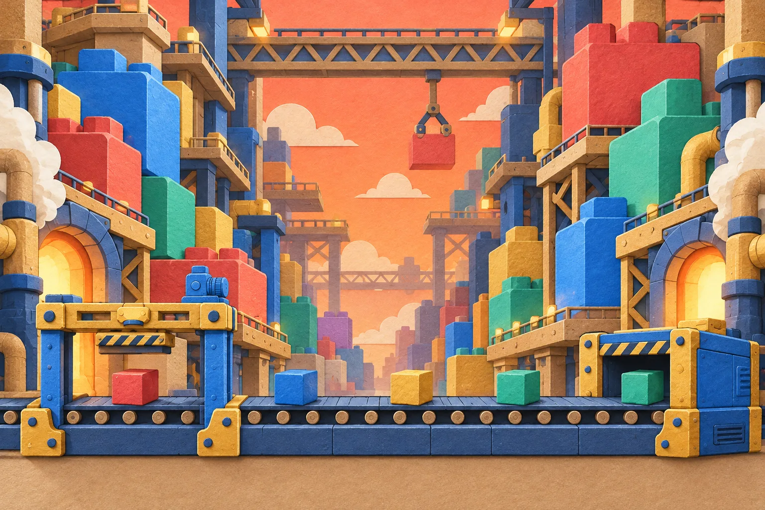 The Mega Blocks bonus world: a paper factory street with giant blocks, a gantry crane and a conveyor belt at sunset